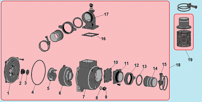 1 КОРПУС - УЛИТКА -САЛЬНИК - КРЫЛЬЧАТКА МОТОПОМПА CHAMPION GP100E