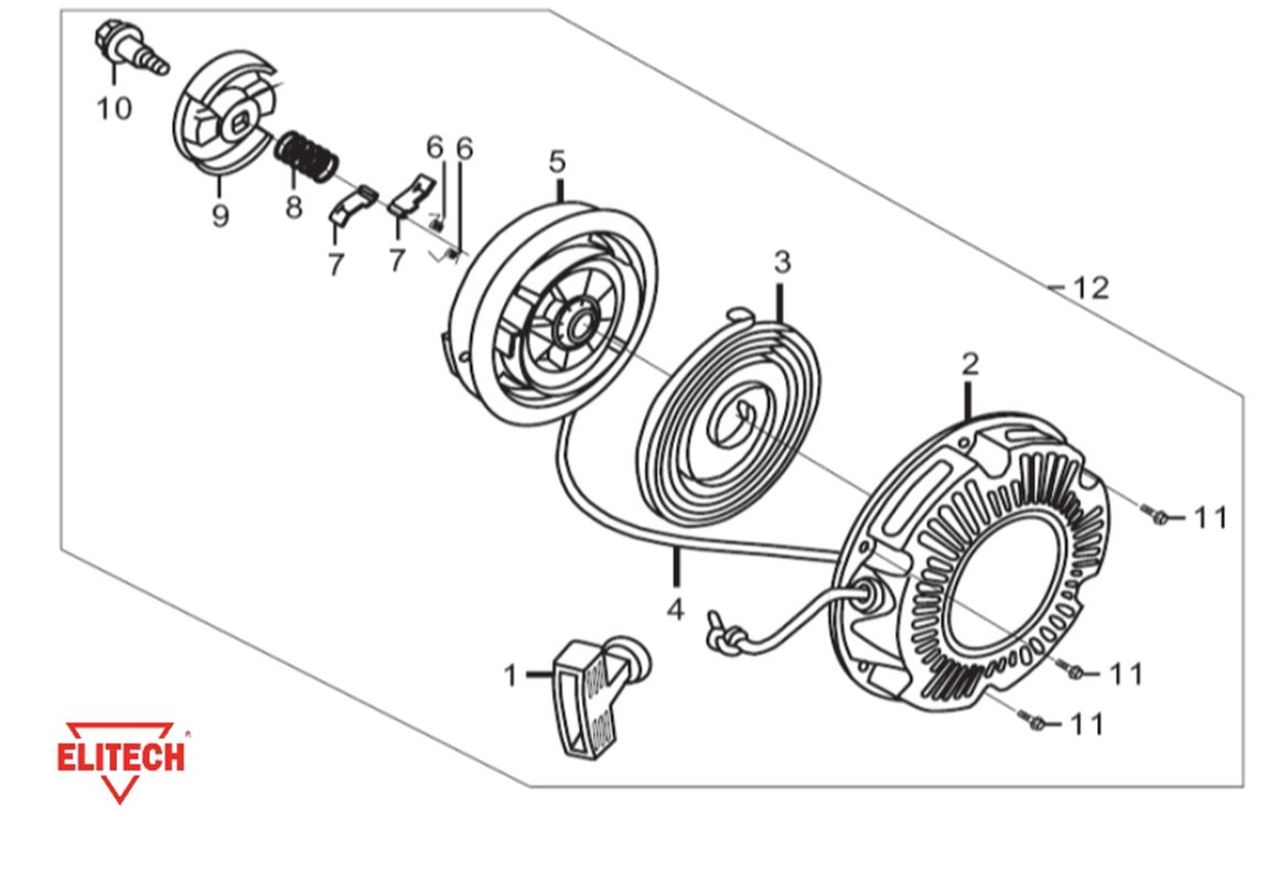 ЗАПЧАСТИ ДЛЯ МОТОПОМПЫ БЕНЗИНОВОЙ ELITECH МБ 200 Д 40 (СТАРТЕР РУЧНОЙ)
