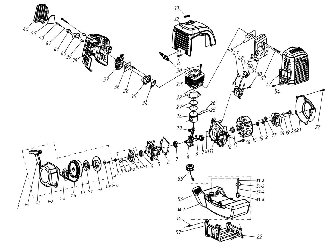 ЗАПЧАСТИ ДЛЯ ТРИММЕРА БЕНЗИНОВОГО ELITECH Т 25ВЕ (ДО 2015 ГОДА) (ДВИГАТЕЛЬ)