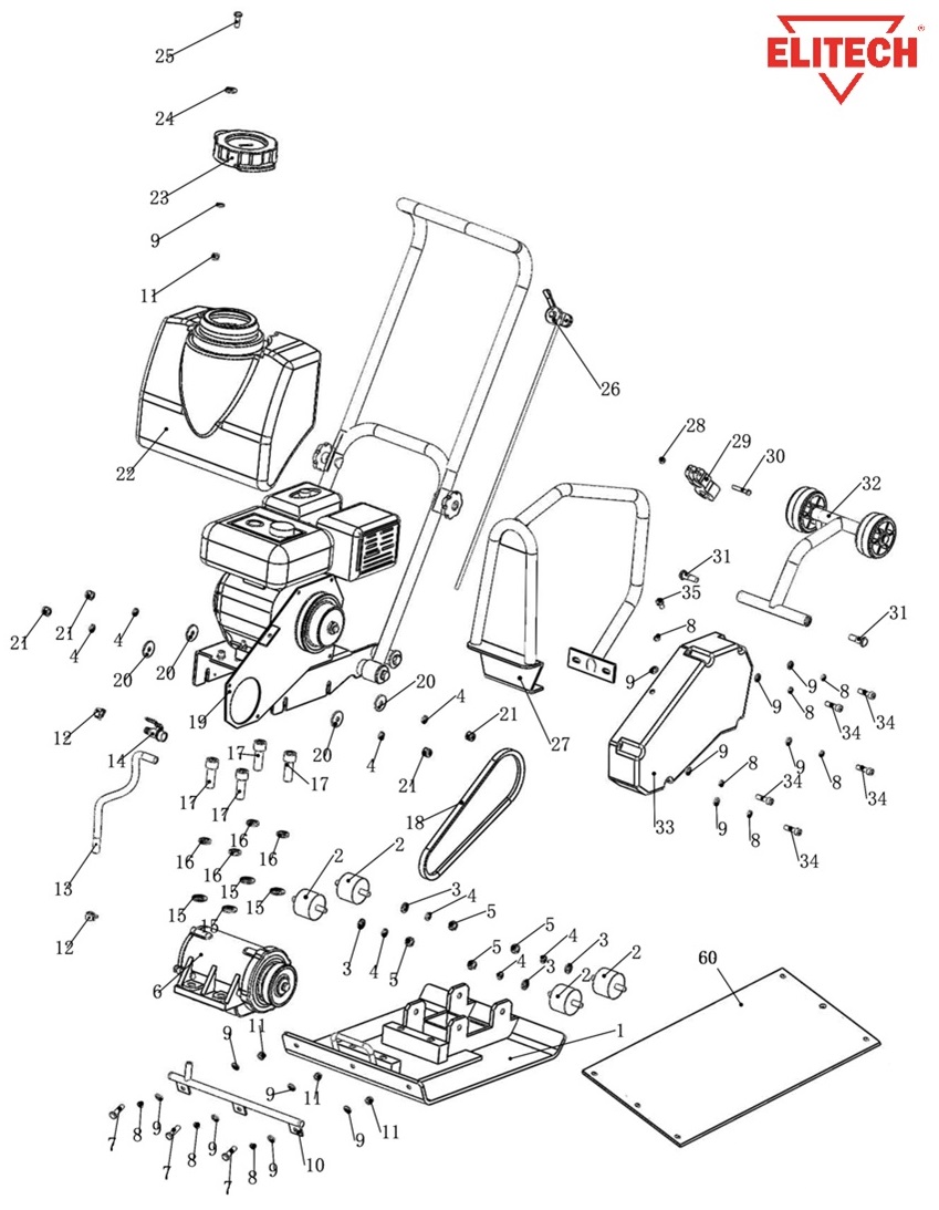 ЗАПЧАСТИ ДЛЯ ВИБРОПЛИТЫ БЕНЗИНОВОЙ ELITECH ПВТ 60БВЛ (ОБЩАЯ)